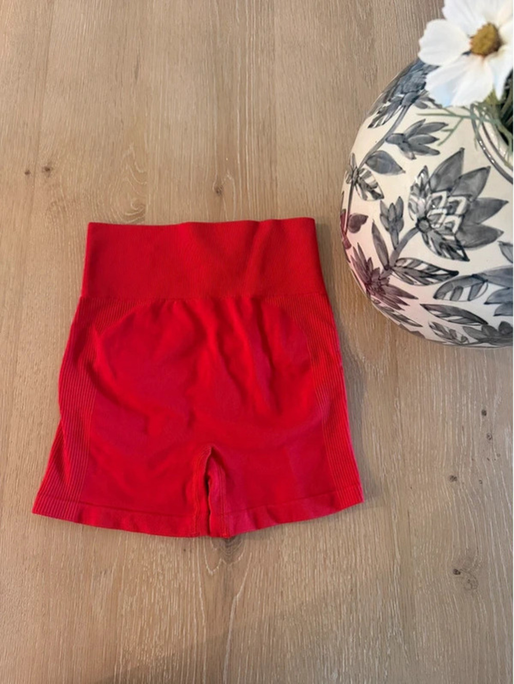 Red high-waisted workout shorts